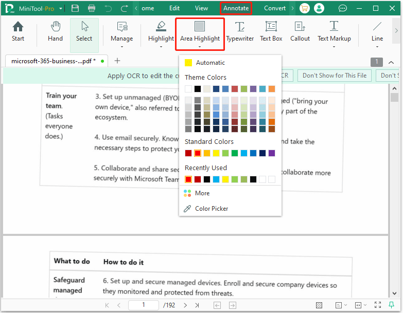 The MiniTool PDF Editor interface with the Annotate and Area Highlight options selected.
