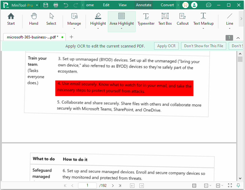 The MiniTool PDF Editor interface with the highlight area selected.