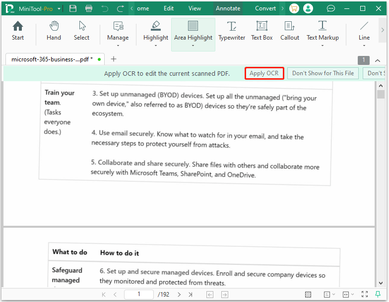 The MiniTool PDF Editor interface with the Apply OCR option selected.