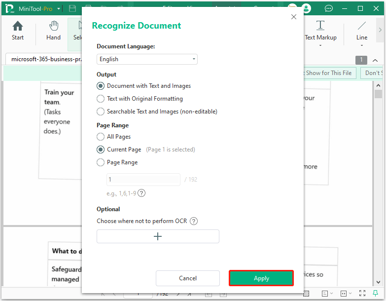 The Recognize Document window with the Apply button selected.