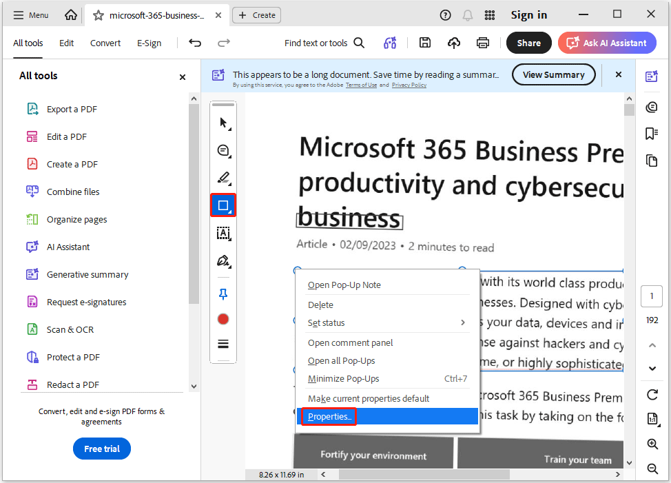 The Adobe Acrobat interface with the Properties option selected.
