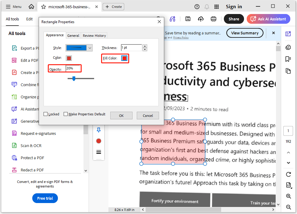 The Adobe Acrobat interface with the Fill Color and Opacity options selected.