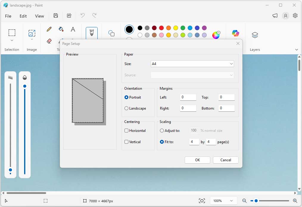 Microsoft Paint interface with the Print Page Setup window.