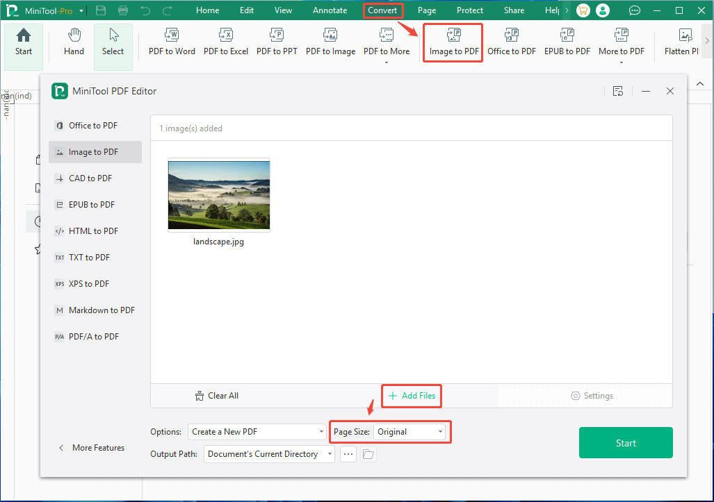 MiniTool PDF Editor interface with the image to PDF conversion window.