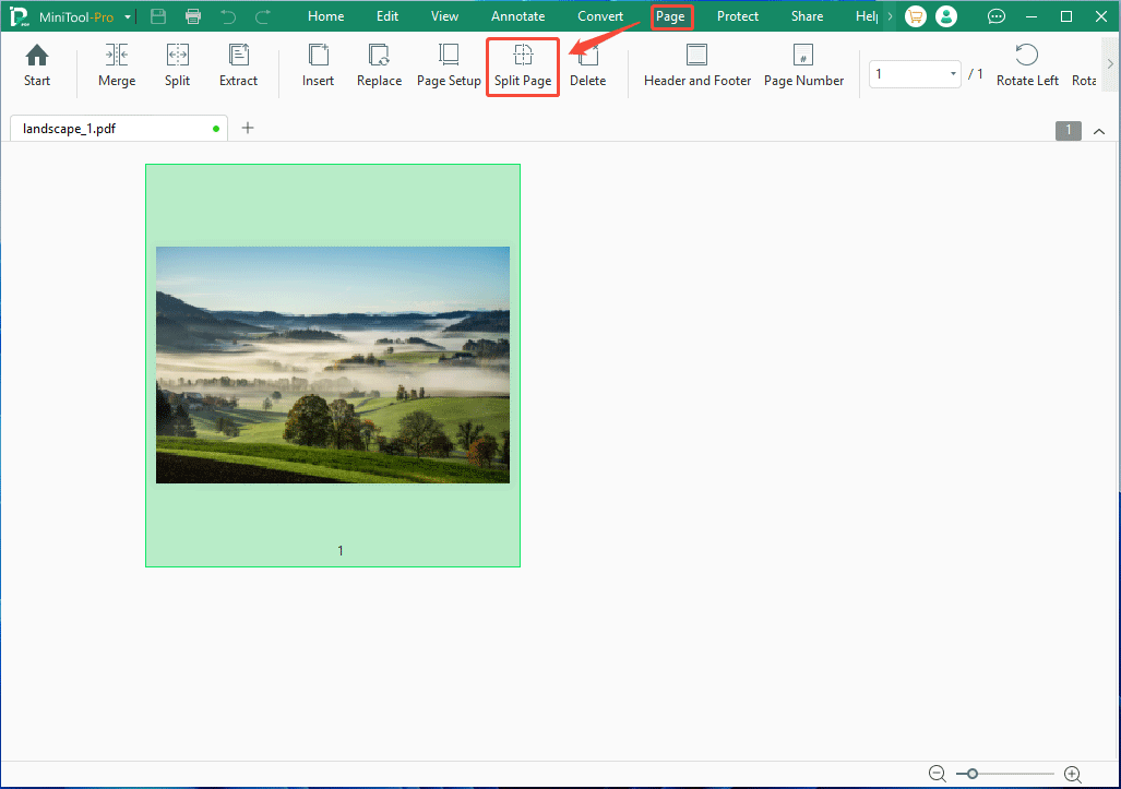 MiniTool PDF Editor interface with the selected Split Page feature.