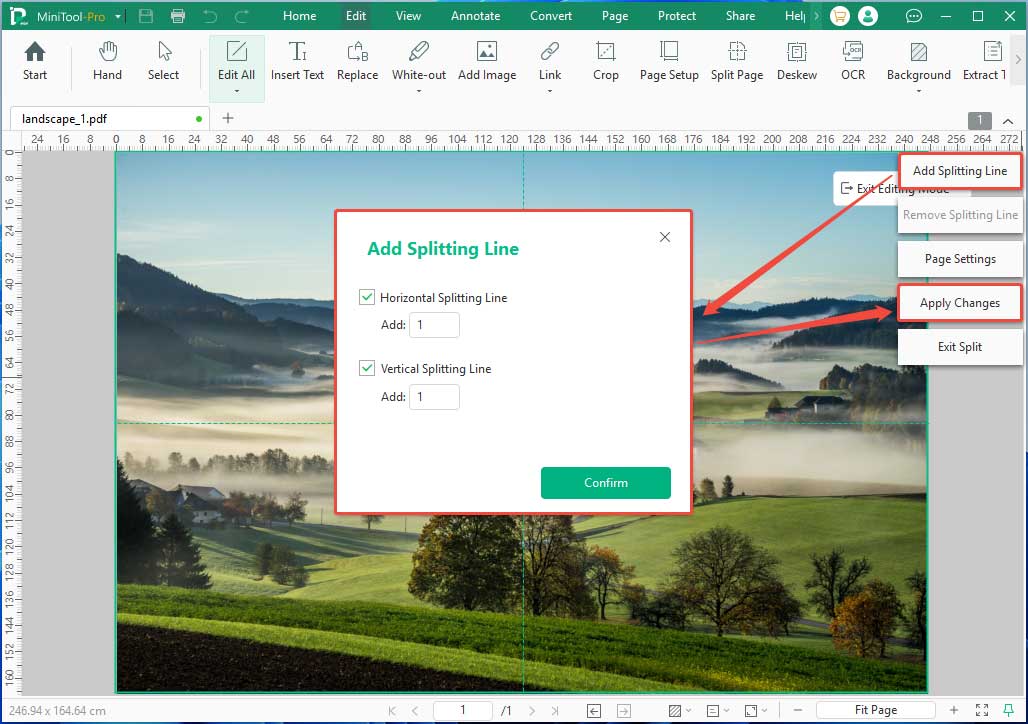 MiniTool PDF Editor interface with the Add Splitting Line window.