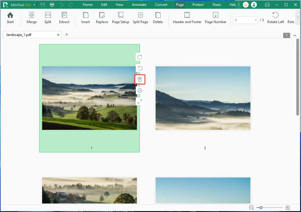 MiniTool PDF Editor interface with the selected trash icon on a PDF page.