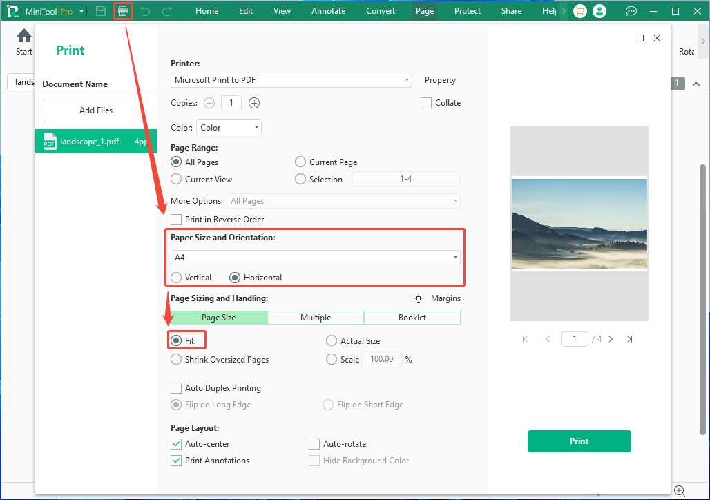 MiniTool PDF Editor interface with the Print window.