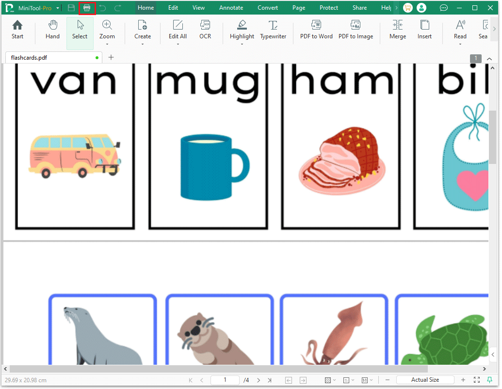 The MiniTool PDF Editor interface with the selected Print icon.