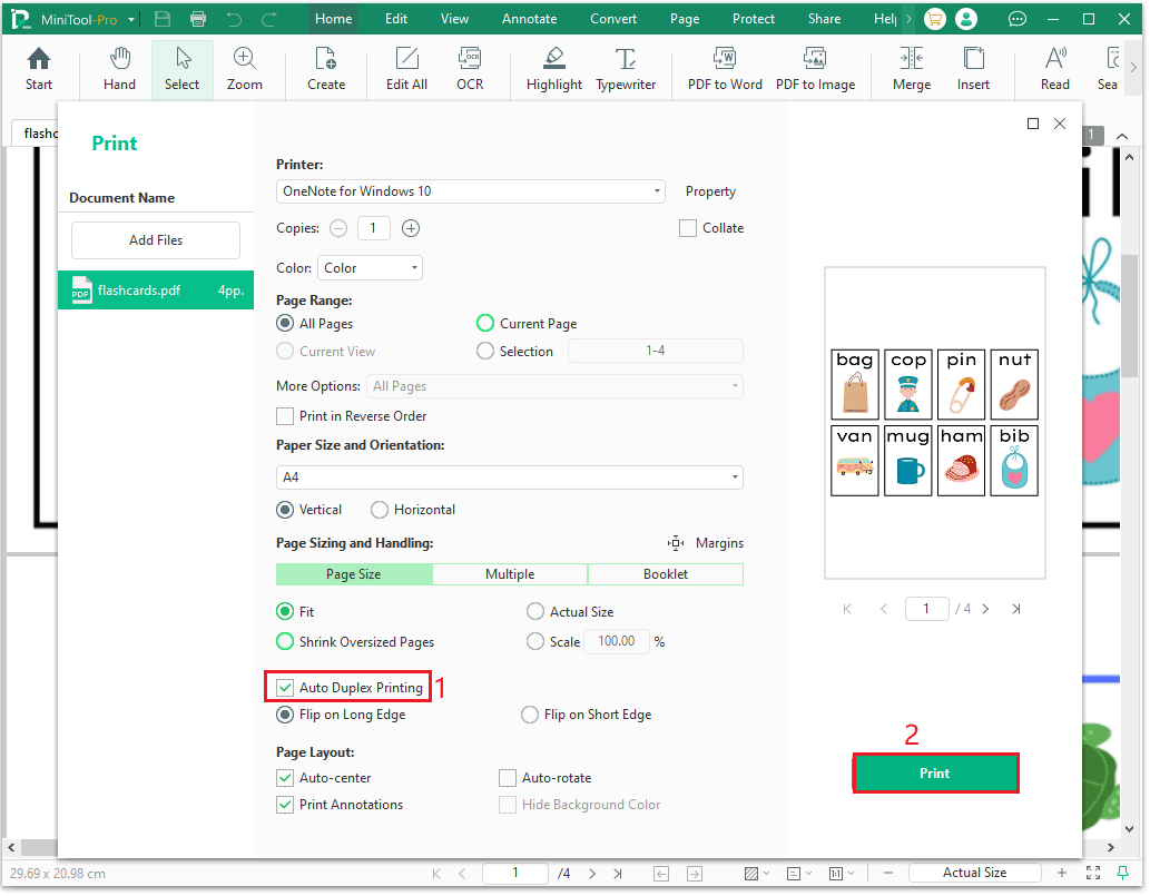 The MiniTool PDF Editor Print interface with the selected Print option.