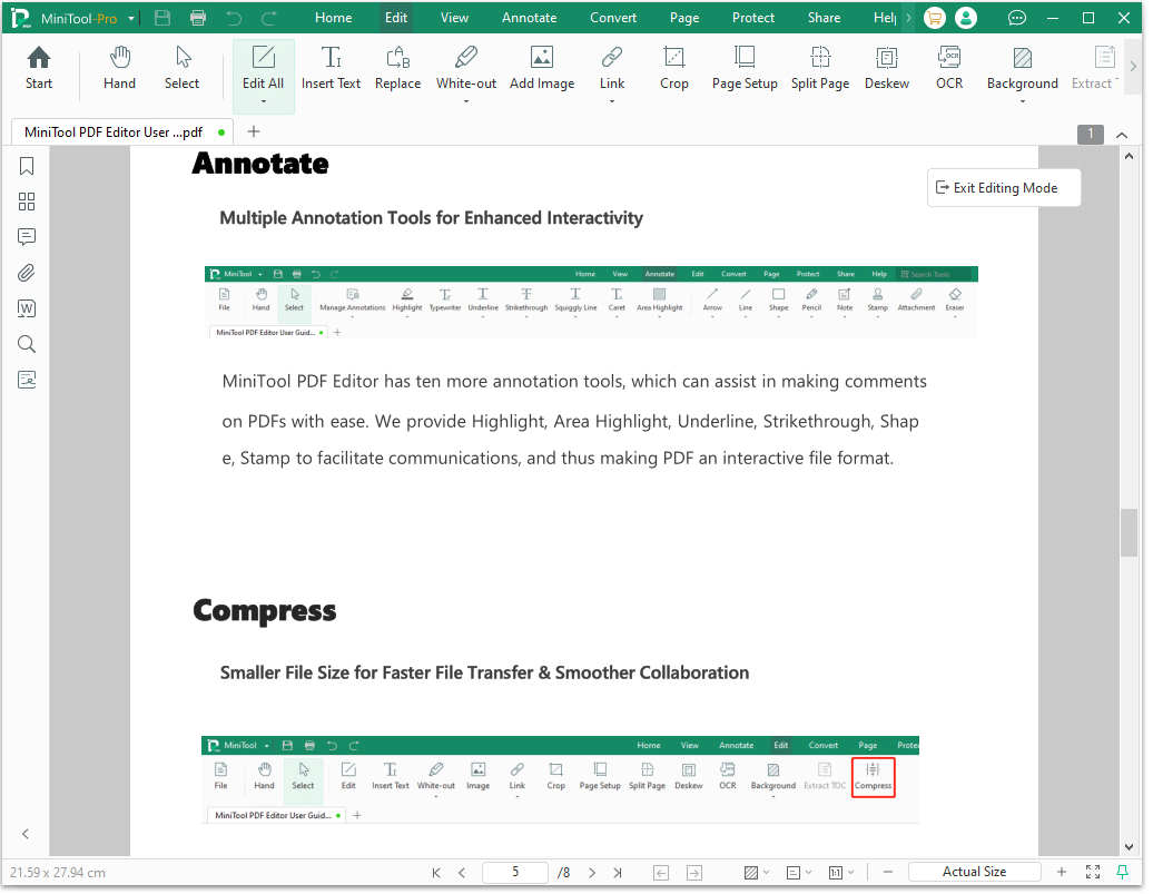 The MiniTool PDF Editor with the selected Edit feature.