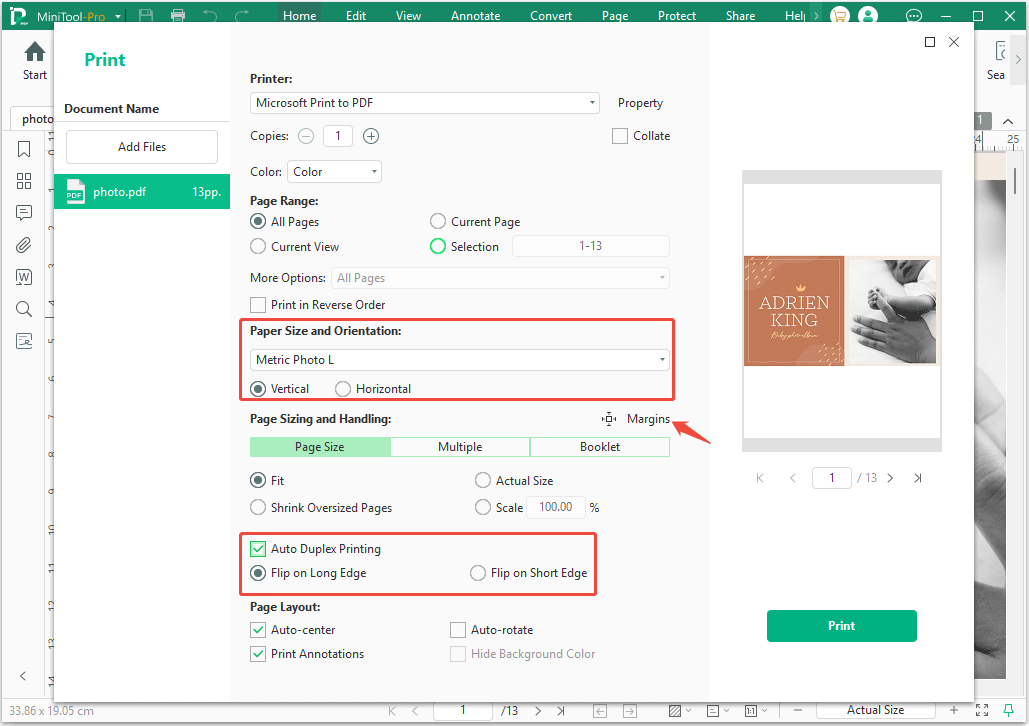 MiniTool PDF Editor interface with the Print window.