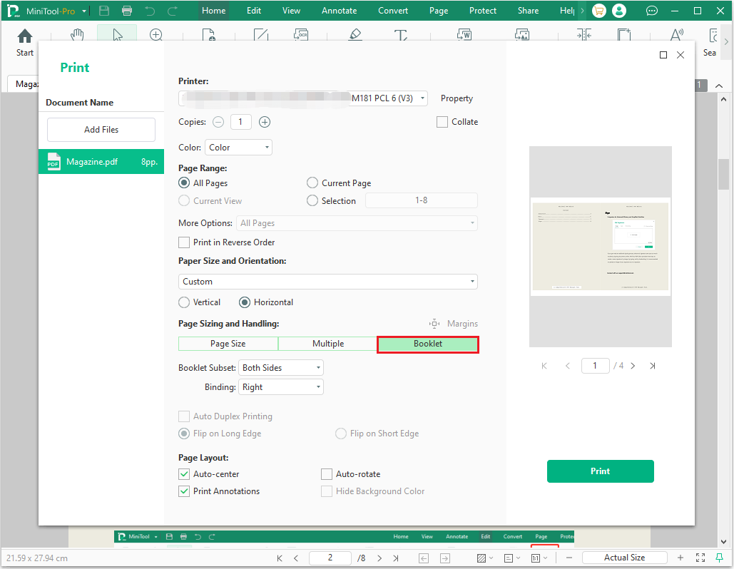 The MiniTool PDF Editor interface with the selected Booklet option.
