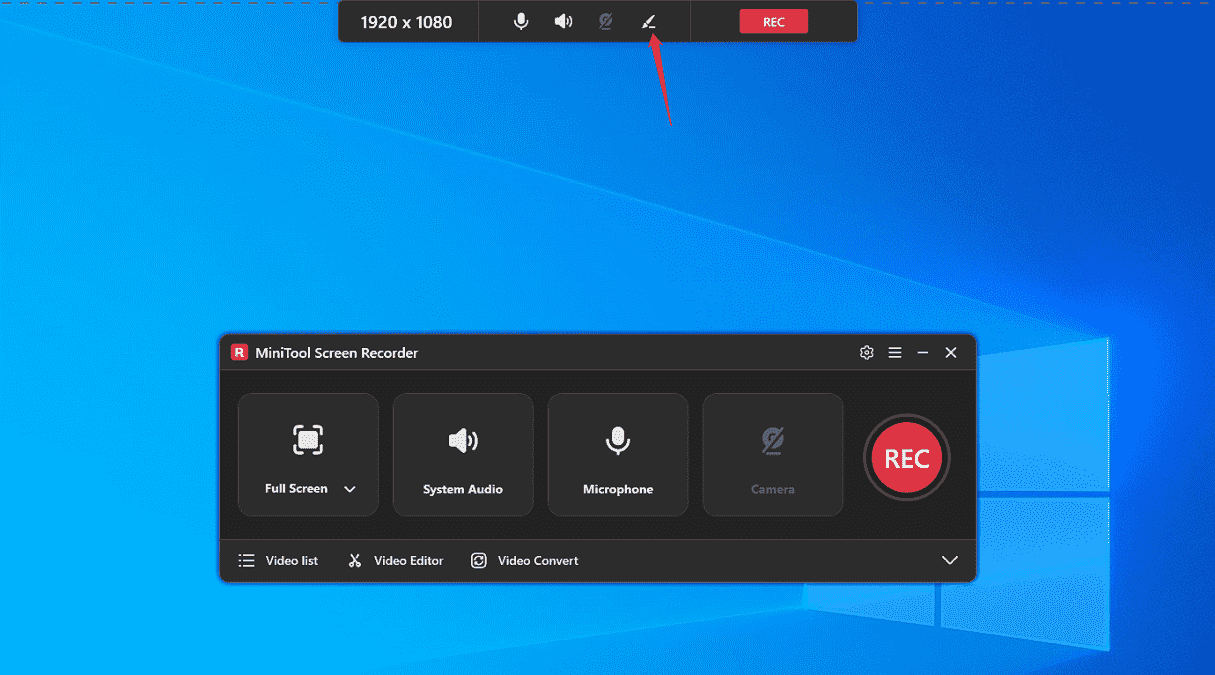 MiniTool Screen Record interface with the screen annotation icon selected.