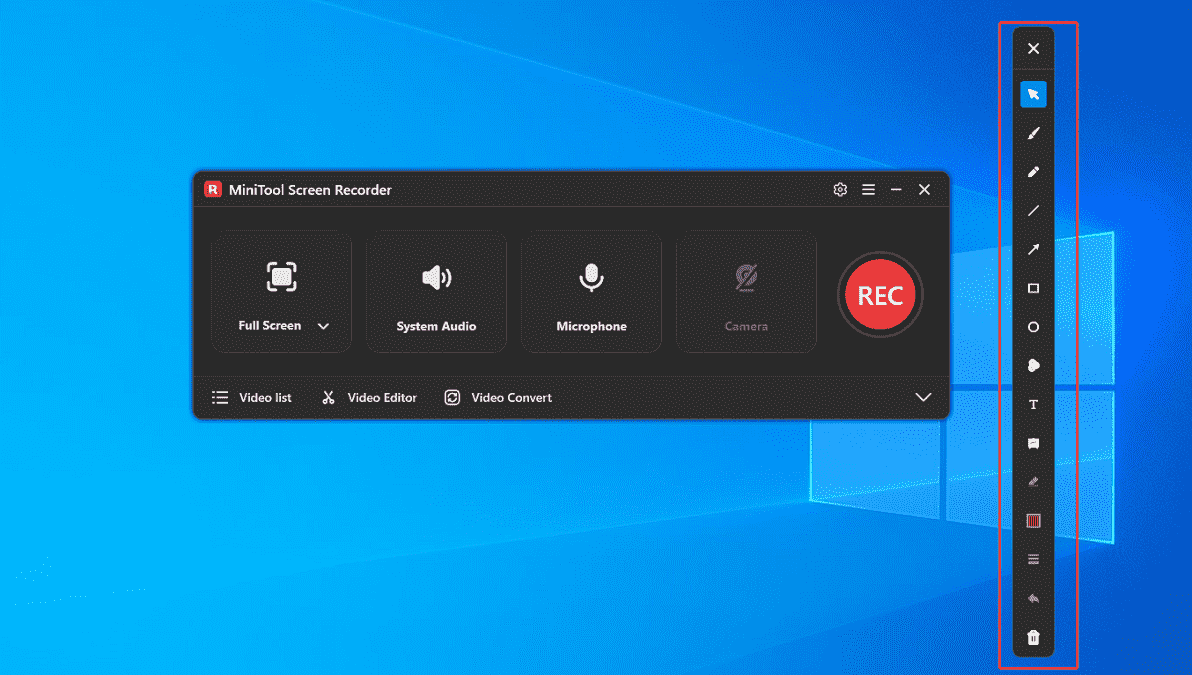 MiniTool Screen Recorder annotation interface with annotation icons selected.
