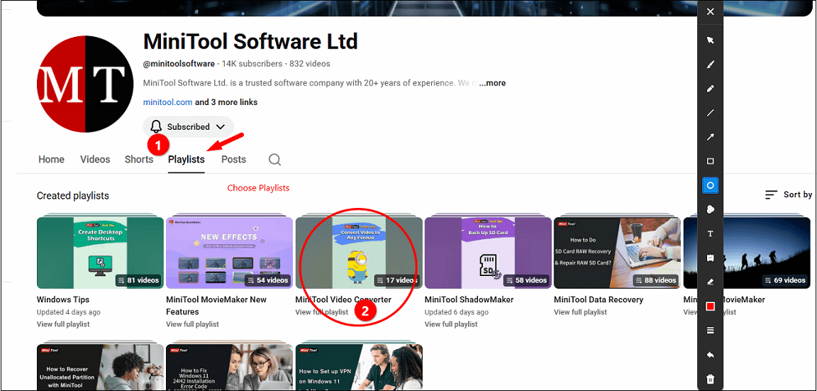 MiniTool Screen Recorder’s annotation interface that shows several types of annotations.