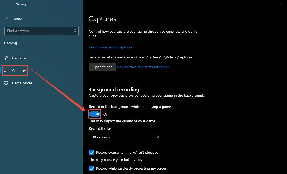 The Windows Gaming Settings interface that shows how to enable the camera feature.