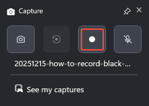 The Capture interface of Game Bar with the Recording option selected.