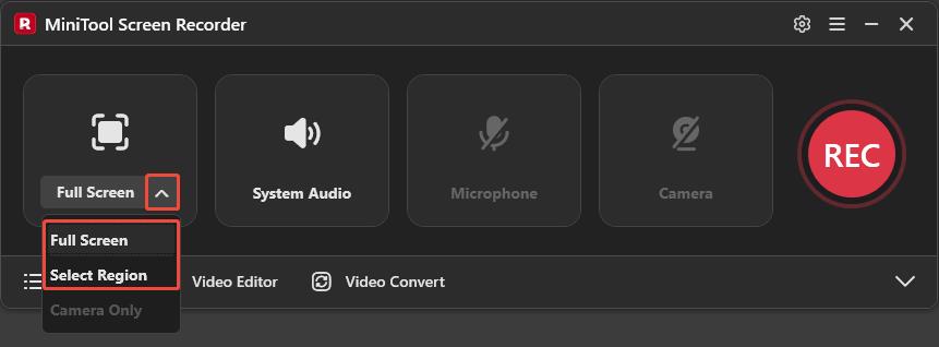 The MiniTool Screen Recorder interface with the recording section options expanded.