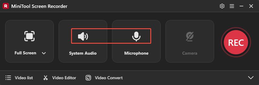 The MiniTool Screen Recorder interface with the System Audio icon and Microphone icon selected.