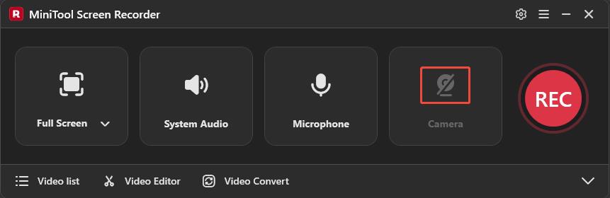 The MiniTool Screen Recorder interface with the Camera option selected.