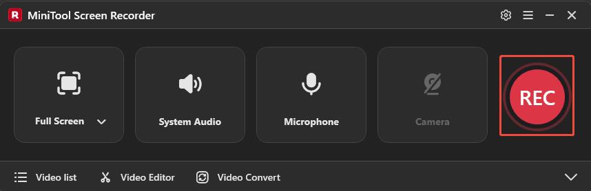 The MiniTool Screen Recorder interface with the REC button selected.