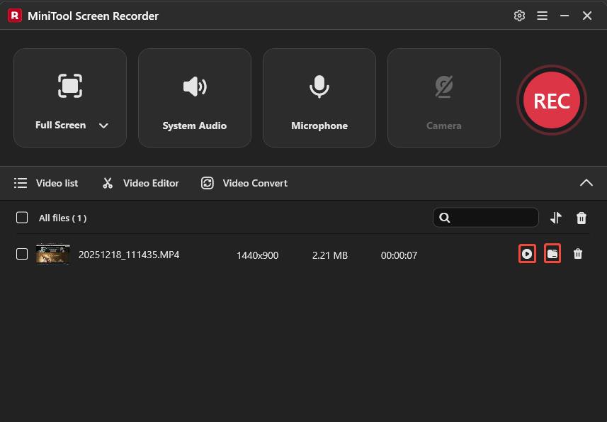 The MiniTool Screen Recorder interface with the play and folder options selected.