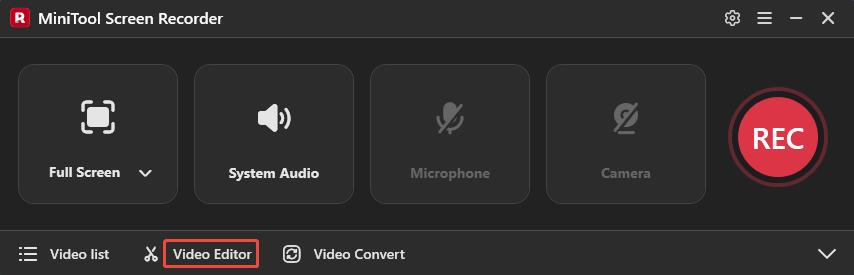 The MiniTool Screen Recorder interface with the Video Editor option selected.