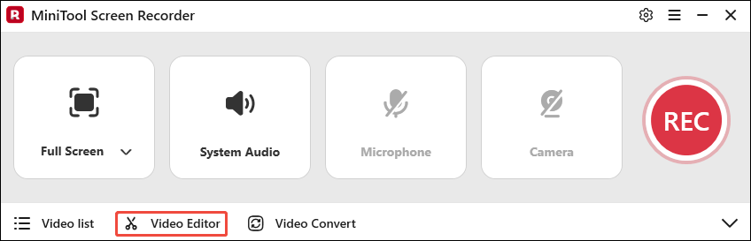 The MiniTool Screen Recorder interface with the Video Editor option selected.