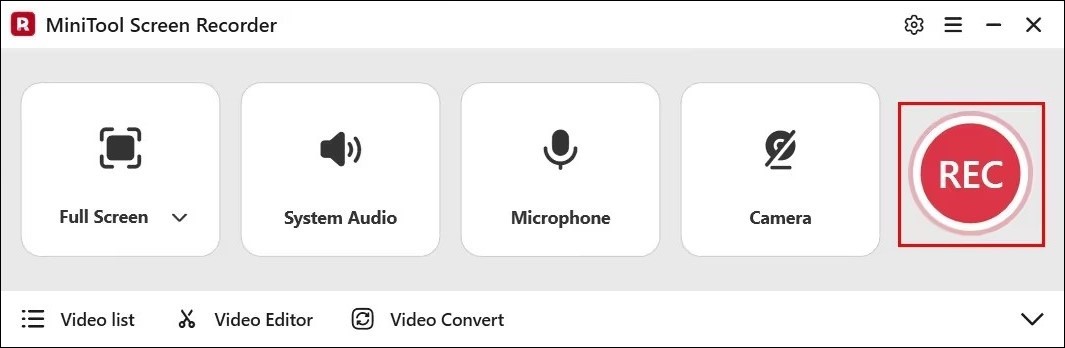 The MiniTool Screen Recorder interface with the REC button selected.