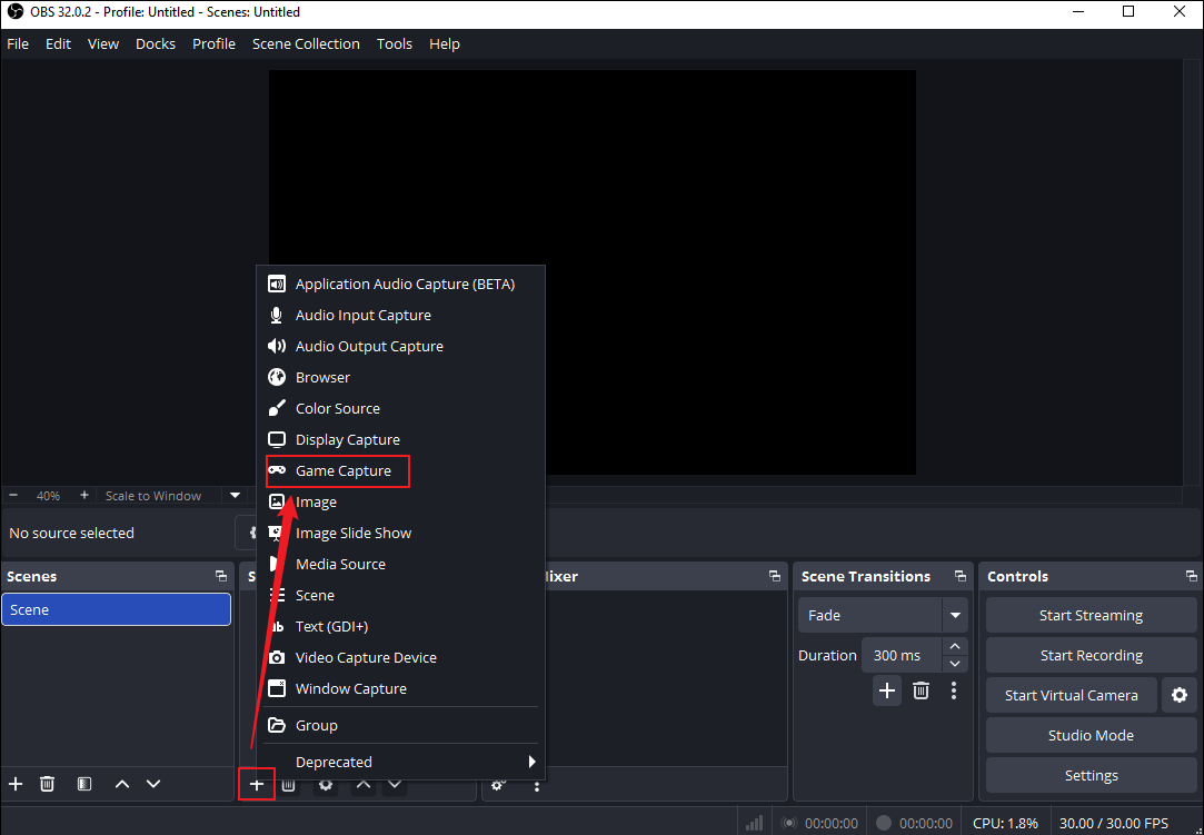 The OBS Studio interface shows how to choose the Game Capture resource.