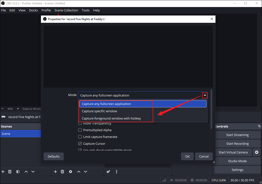 The OBS Studio interface shows how to select the game capture mode.