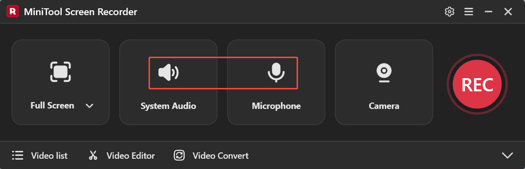 The MiniTool Screen Recorder interface with System Audio icon and the Microphone icon selected.