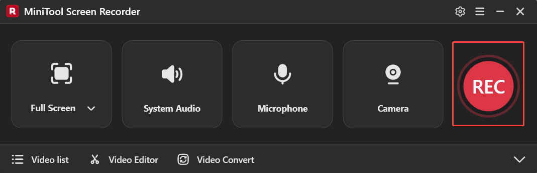 The MiniTool Screen Recorder interface with the REC button selected.