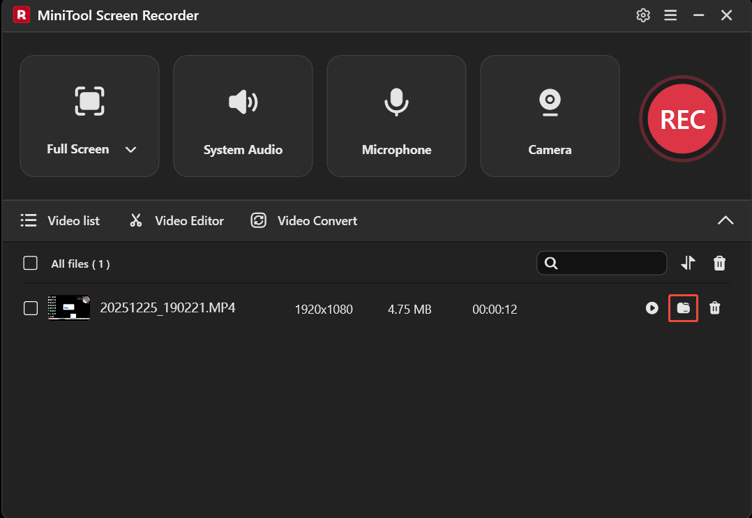 The MiniTool Screen Recorder interface with the folder icon selected.