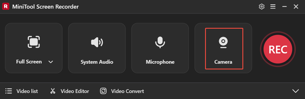 The MiniTool Screen Recorder interface with the Camera icon selected.