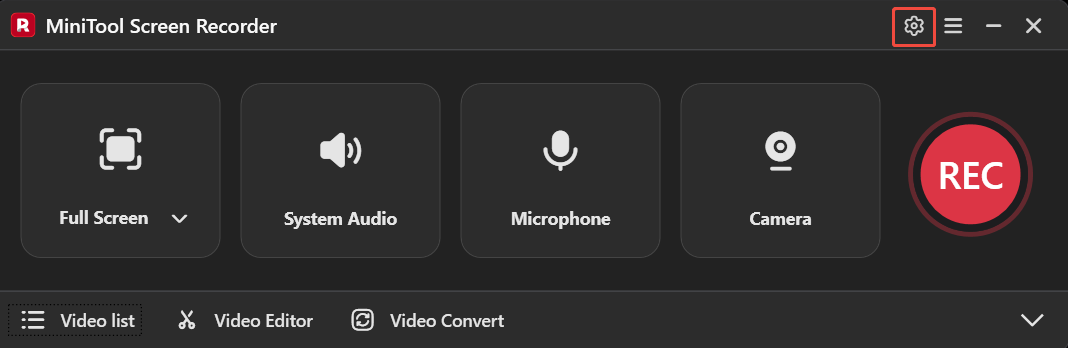 The MiniTool Screen Recorder interface with the Settings icon selected.