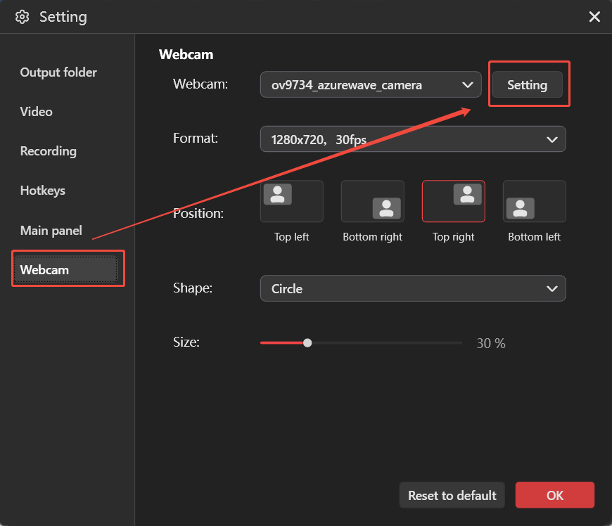 The Webcam Settings interface of MiniTool Screen Recorder showing how to adjust the webcam parameters.