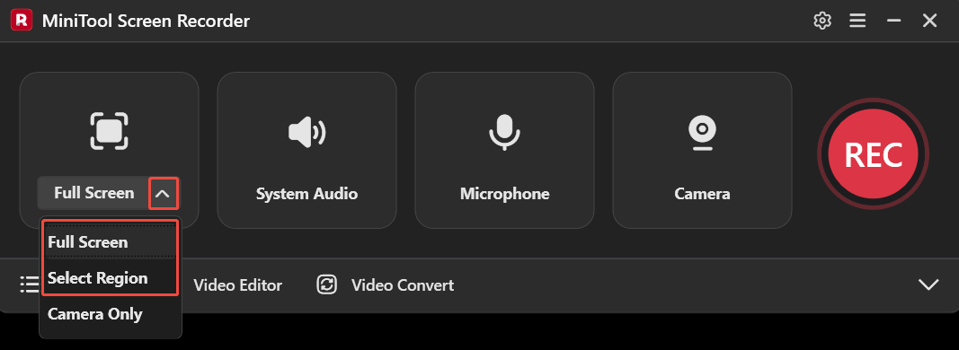 The MiniTool Screen Recorder interface with the recording section options expanded.