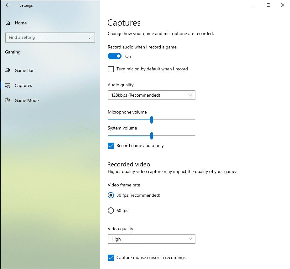 The Captures settings for Game Bar in the Windows Settings app.