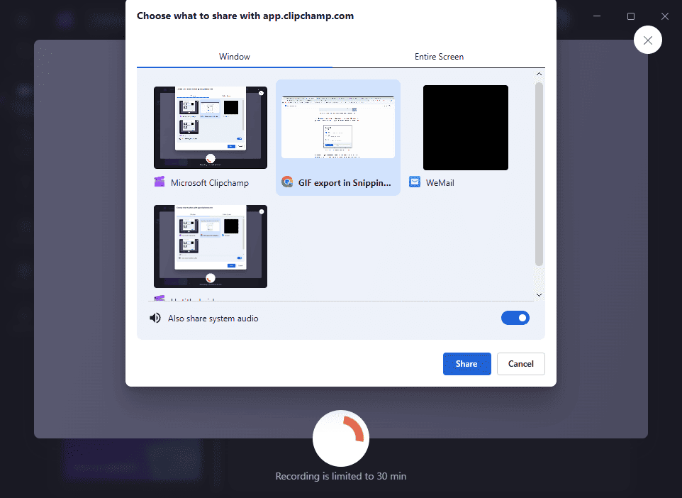 Microsoft Clipchamp window asking you to choose what to record.