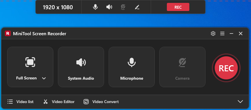 The main interface of MiniTool Screen Recorder and its ribbon at the top of the screen.