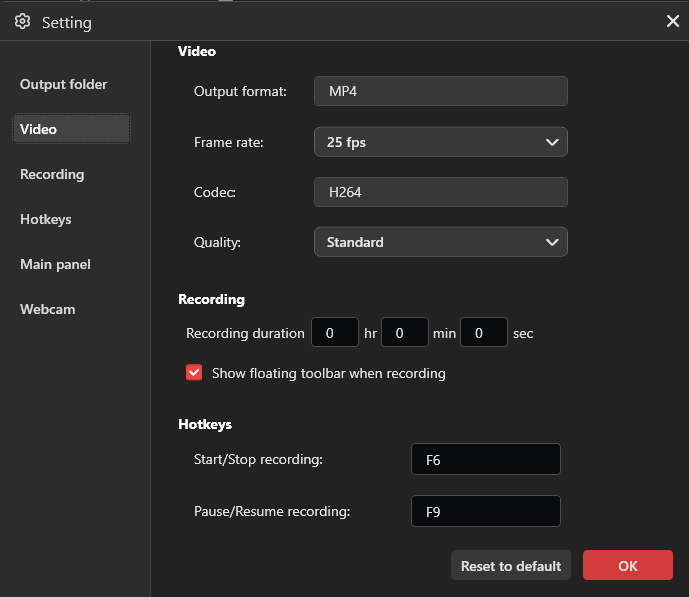 MiniTool Screen Recorder Settings window with the Video tab selected on the left sidebar.