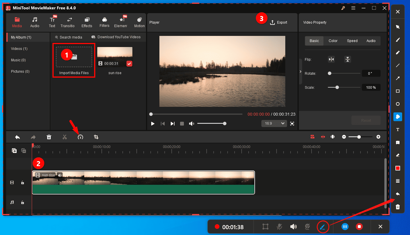 MiniTool Screen Recorder ribbon that shows how to open the annotation tool.