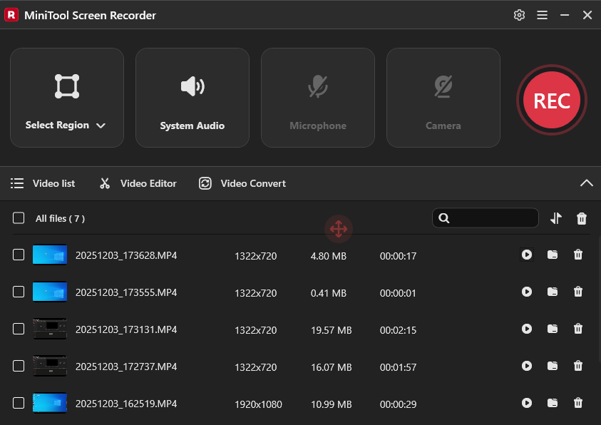 The Video list section in the MiniTool Screen Recorder.