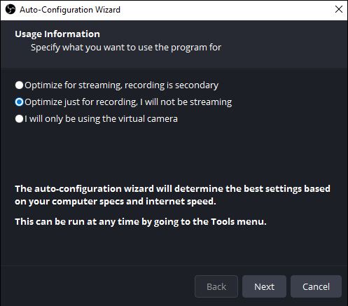OBS Auto-Configuration Wizard with the Optimize just for recording and I will not be streaming option selected.