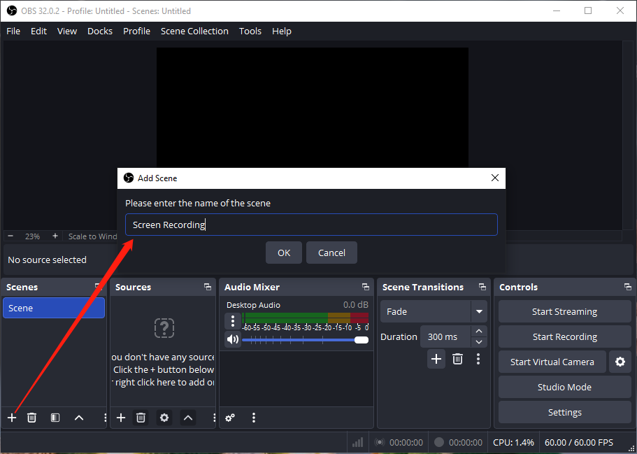 OBS Studio interface showing how to create a scene for screen recording.