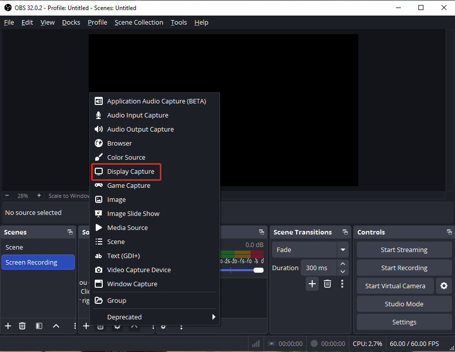 The selected Display Capture option from the Add Source menu in OBS.
