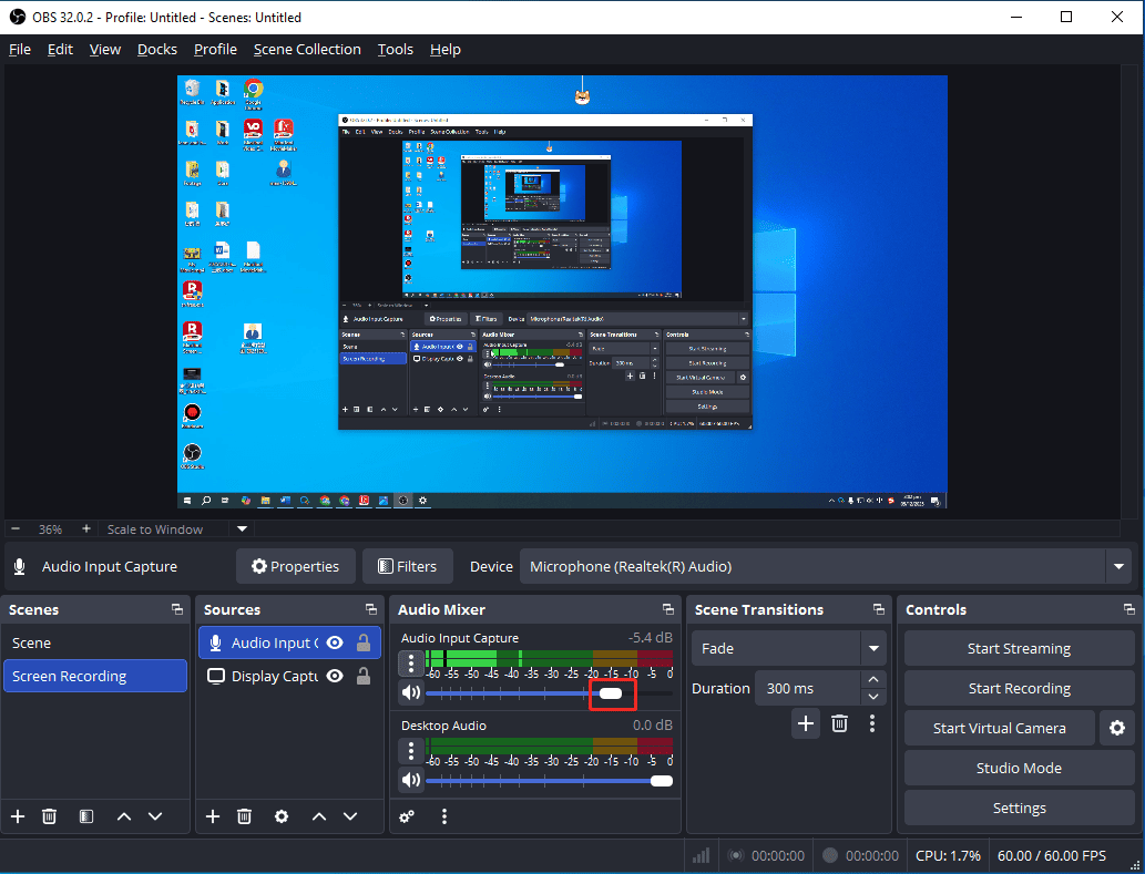 The highlighted microphone volume slider in Audio Mixer at the bottom of the OBS interface.
