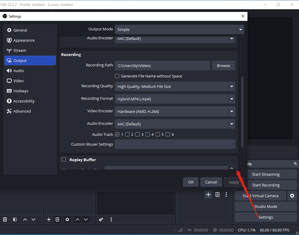 OBS interface showing how to open recording settings.